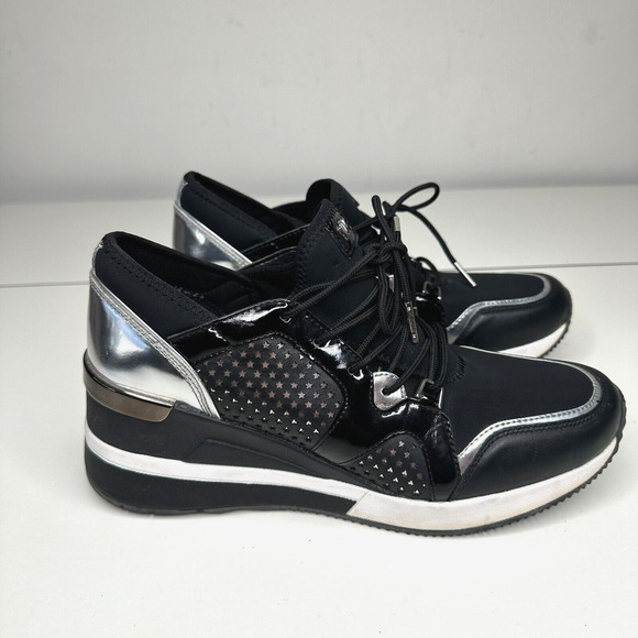 Michael Kors Black Scout Trainer Scuba Leather Wedge Sneaker Star Design 9 - Picture 10 of 16